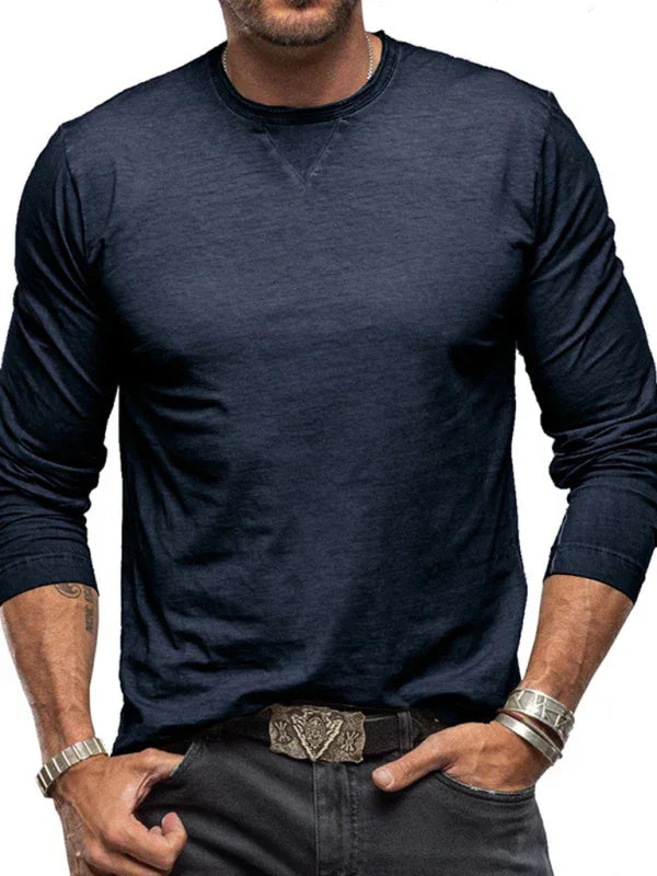 Men New Solid Colour Round Neck Long Sleeve Cotton T-Shirt - Shello's Creative Boutique