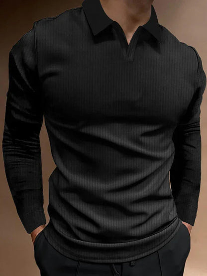 Casual Stand-Up Collar Stretch Vertical Stripe Long-Sleeve V-Neck Polo - Shello's Creative Boutique