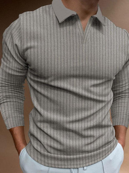 Casual Stand-Up Collar Stretch Vertical Stripe Long-Sleeve V-Neck Polo - Shello's Creative Boutique