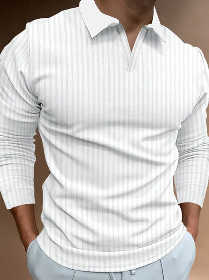 Casual Stand-Up Collar Stretch Vertical Stripe Long-Sleeve V-Neck Polo - Shello's Creative Boutique