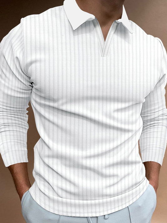 Casual stand-up collar stretch vertical strip long-sleeve V-neck POLO Shello's Creative Boutique