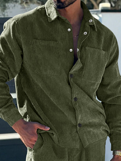 Men's new casual multi-pocket solid color corduroy button-down shirt Shello Creative Boutique
