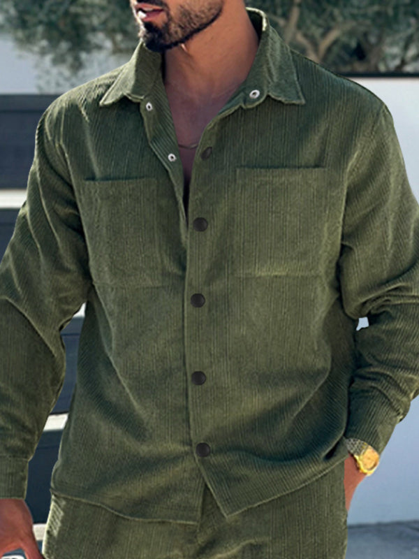Men's new casual multi-pocket solid color corduroy button-down shirt Shello Creative Boutique