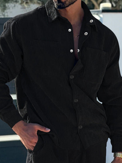 Men's new casual multi-pocket solid color corduroy button-down shirt Shello Creative Boutique