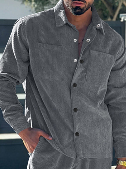 Men's new casual multi-pocket solid color corduroy button-down shirt Shello Creative Boutique