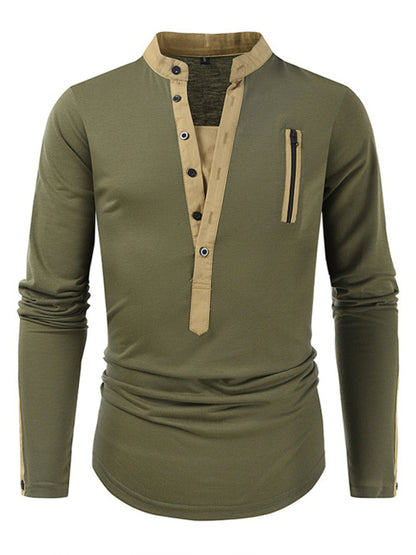 Men's New Outdoor Tactical Zipper Colorblock Henley Collar Long Sleeve T-Shirt Shello Creative Boutique