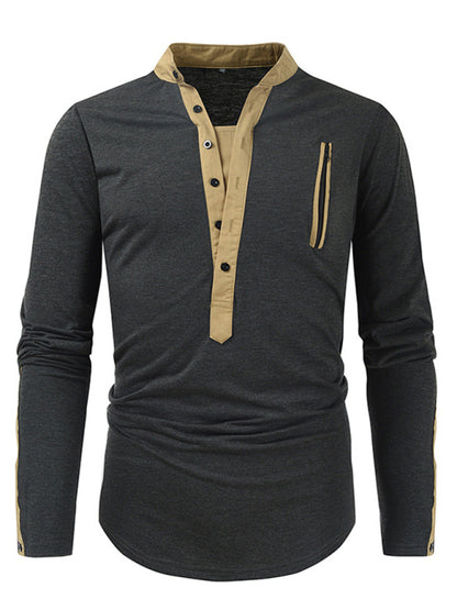Men's New Outdoor Tactical Zipper Colorblock Henley Collar Long Sleeve T-Shirt Shello Creative Boutique