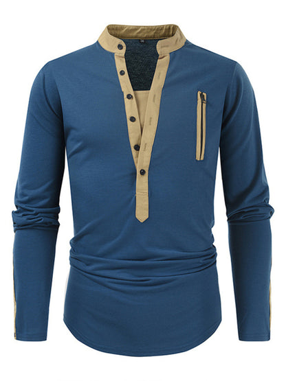 Men's New Outdoor Tactical Zipper Colorblock Henley Collar Long Sleeve T-Shirt Shello Creative Boutique