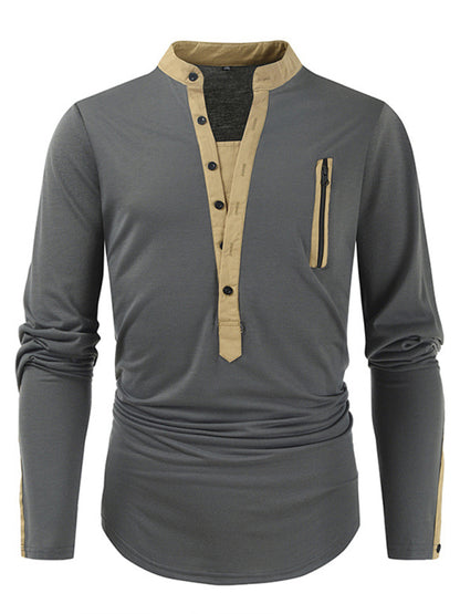 Men's New Outdoor Tactical Zipper Colorblock Henley Collar Long Sleeve T-Shirt Shello Creative Boutique