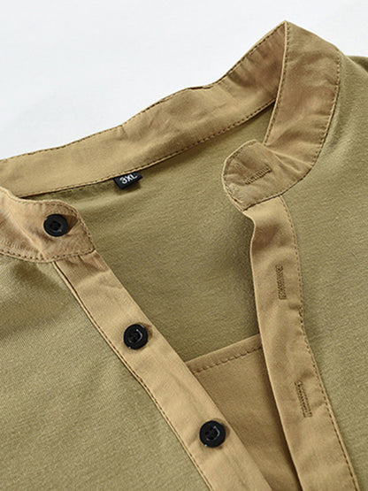 Men's New Outdoor Tactical Zipper Colorblock Henley Collar Long Sleeve T-Shirt Shello Creative Boutique