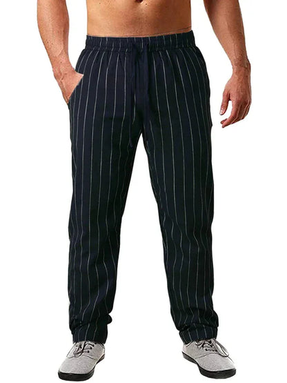 Men's vertical striped lace-up elastic waist beach pants casual trousers - Shello's Creative Boutique