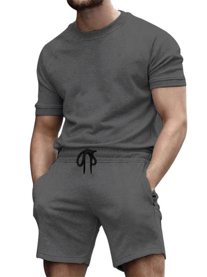 New men's casual fashion solid color short-sleeved T-shirt + quarter pants sports suit Shello's Creative Boutique