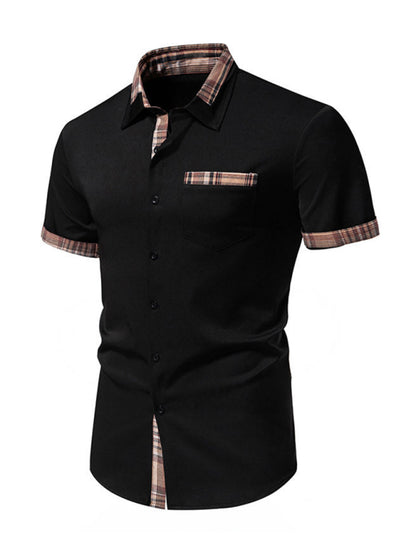 Men's Casual Collar Buttoned Plaid Color Block Short Sleeve Shirt Shello's Creative Boutique
