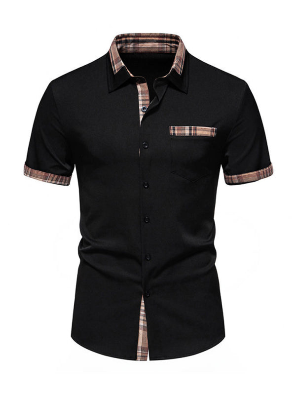 Men's Casual Collar Buttoned Plaid Color Block Short Sleeve Shirt Shello's Creative Boutique