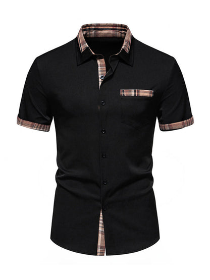 Men's Casual Collar Buttoned Plaid Color Block Short Sleeve Shirt Shello's Creative Boutique