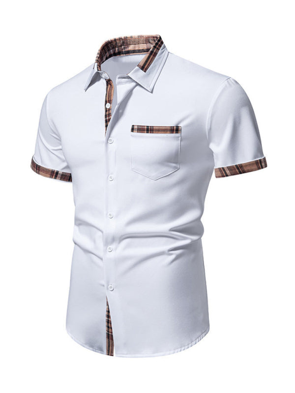 Men's Casual Collar Buttoned Plaid Color Block Short Sleeve Shirt Shello's Creative Boutique