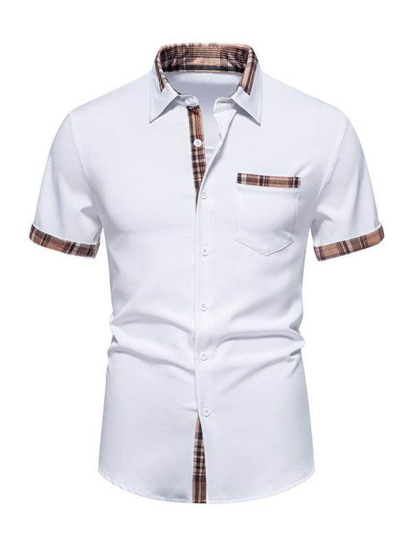 Men's Casual Collar Buttoned Plaid Color Block Short Sleeve Shirt Shello's Creative Boutique