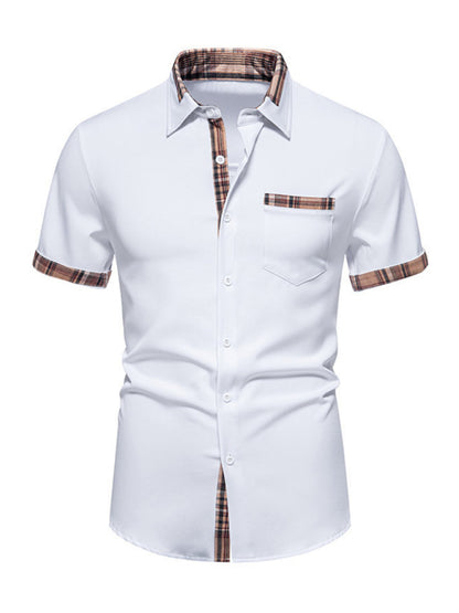 Men's Casual Collar Buttoned Plaid Color Block Short Sleeve Shirt Shello's Creative Boutique