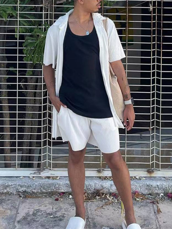 Men's casual loose beachwear solid color striped short-sleeved suit Shello's Creative Boutique