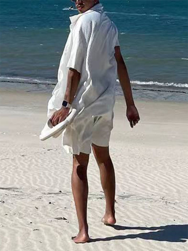 Men's casual loose beachwear solid color striped short-sleeved suit Shello's Creative Boutique