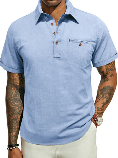 Men's casual solid color lapel short-sleeved tops - Shello's Creative Boutique