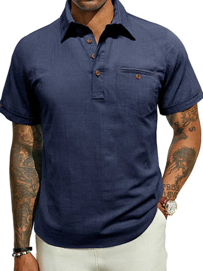 Men's casual solid color lapel short-sleeved tops - Shello's Creative Boutique