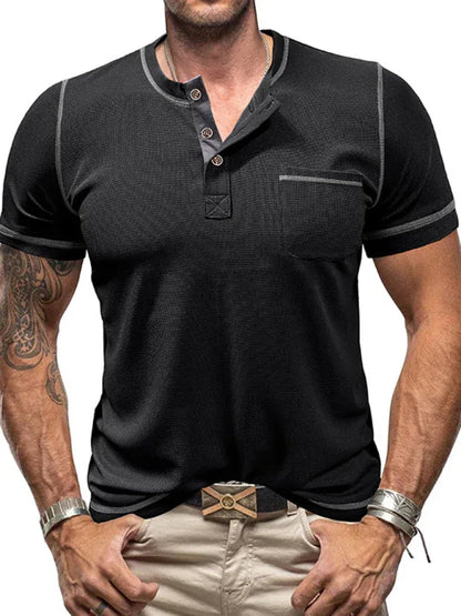 Men's American Vintage Henley Collar Short Sleeve T-Shirt – Classic Style Meets Everyday Comfort! - Shello's Creative Boutique