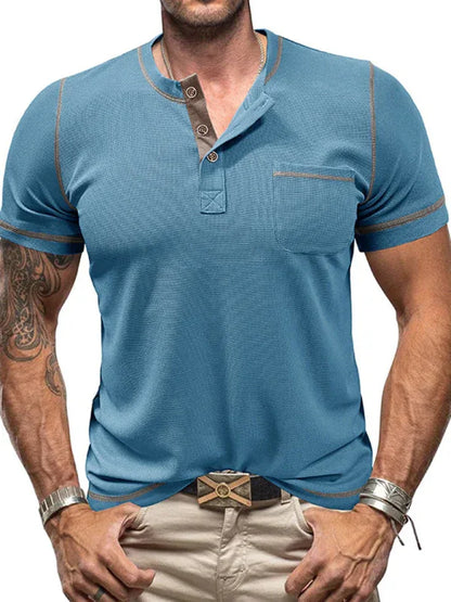 Men's American Vintage Henley Collar Short Sleeve T-Shirt – Classic Style Meets Everyday Comfort! - Shello's Creative Boutique