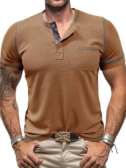 Men's American Vintage Henley Collar Short Sleeve T-Shirt – Classic Style Meets Everyday Comfort! - Shello's Creative Boutique