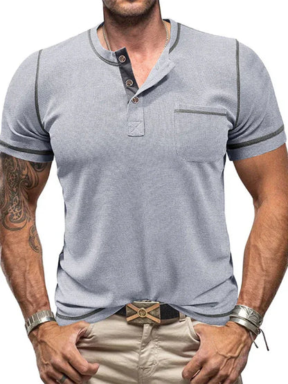 Men's American Vintage Henley Collar Short Sleeve T-Shirt – Classic Style Meets Everyday Comfort! - Shello's Creative Boutique