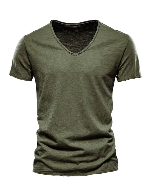 Men's V-Neck Cotton T-Shirt - New Solid Color Slub Short Sleeve Tee - Shello's Creative Boutique