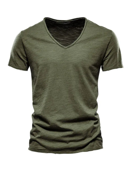 Men's V-Neck Cotton T-Shirt - New Solid Color Slub Short Sleeve Tee - Shello's Creative Boutique