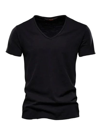 Men's V-Neck Cotton T-Shirt - New Solid Color Slub Short Sleeve Tee - Shello's Creative Boutique