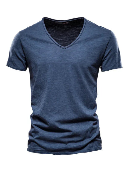 Men's V-Neck Cotton T-Shirt - New Solid Color Slub Short Sleeve Tee - Shello's Creative Boutique
