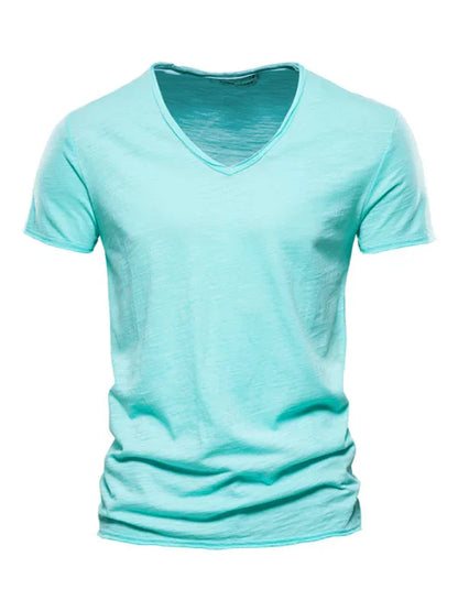 Men's V-Neck Cotton T-Shirt - New Solid Color Slub Short Sleeve Tee - Shello's Creative Boutique