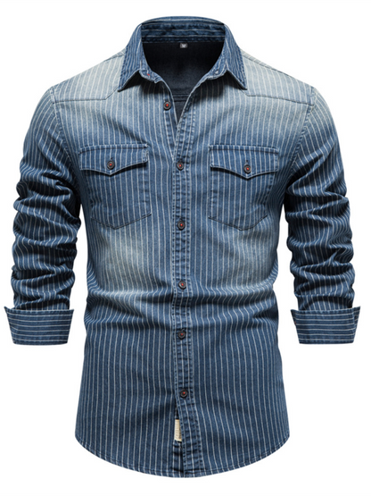 Men's Heavy Washed Distressed Striped Denim Shirt