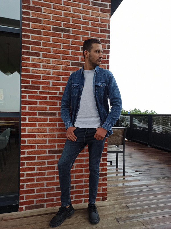 Men's casual distressed denim long sleeve shirt