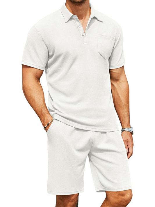 Men's lapel polo shirt short-sleeved T-shirt pocket decoration shorts two-piece set-Shello's Creative Boutique