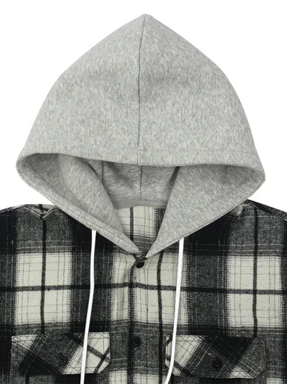 Loose Casual Flannel Jacquard Long Sleeve Hooded Plaid Shirt - Shello's Creative Boutique