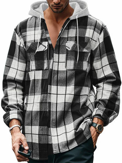 Loose Casual Flannel Jacquard Long Sleeve Hooded Plaid Shirt - Shello's Creative Boutique