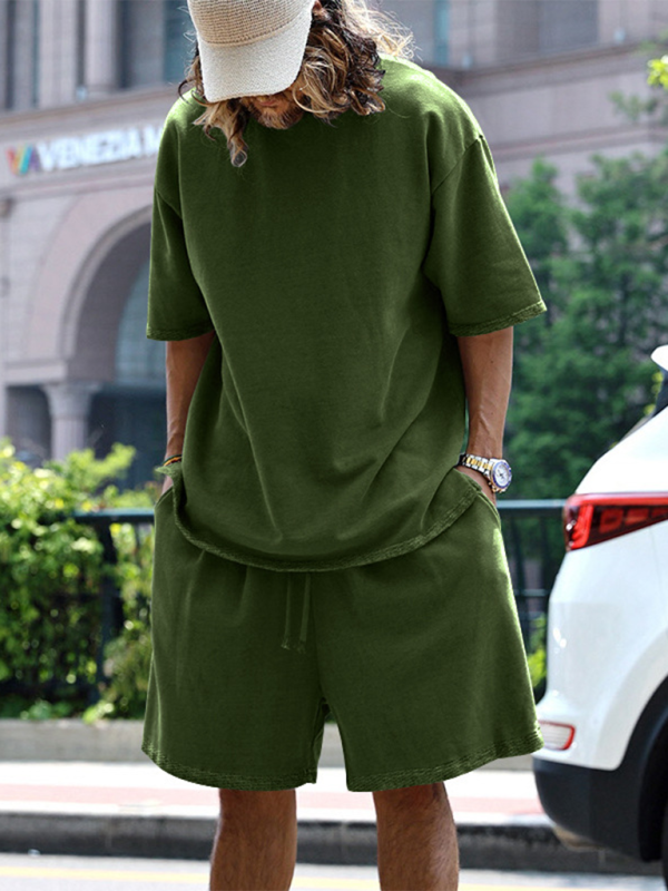 Men's solid color loose short-sleeved shorts set