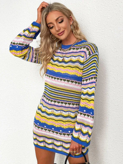 Shello's Creative Boutique Women's Rainbow Stripe Pullover Medium-Length Sweater - Shello's Creative Boutique