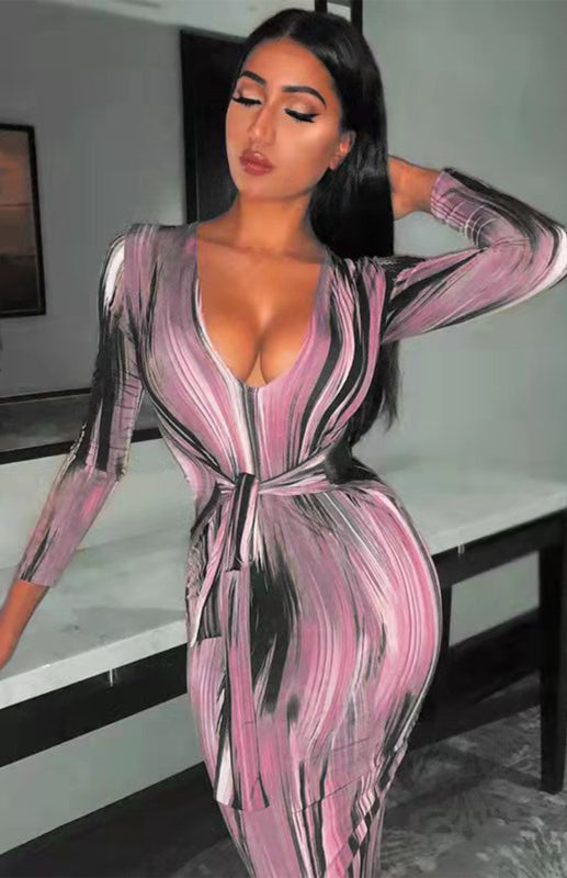 Sexy Printed Long-Sleeved V-Neck Dress Shello's Creative Boutique