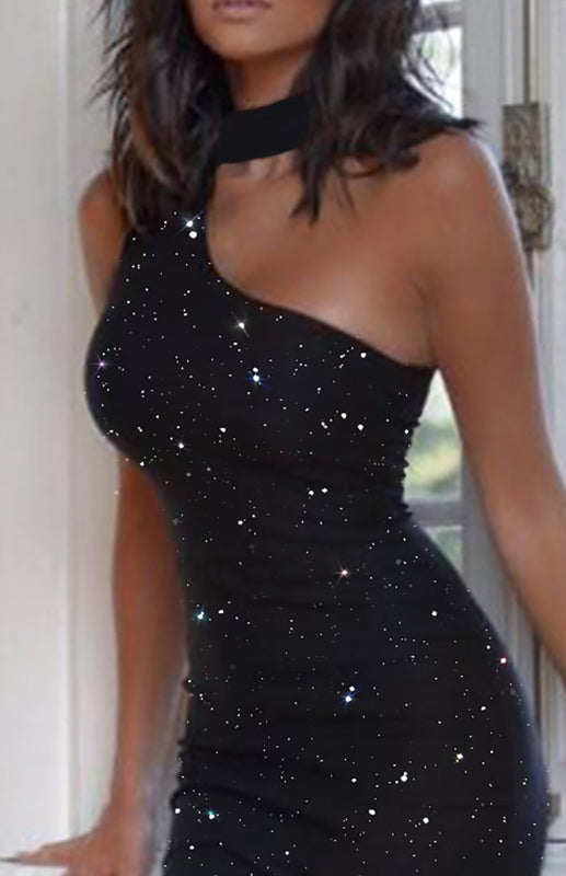 Women's Sexy Nightclub Hot Drill Sleeveless One Shoulder Halter Pack Hip Dress Shello Creative Boutique