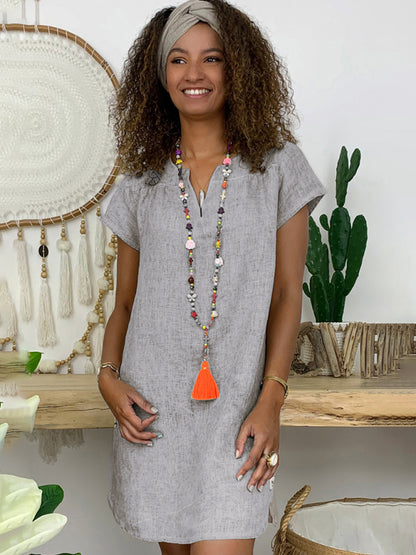 V-Neck Rolled Short Sleeve Gathered Curved Linen Dress Shello's Creative Boutique