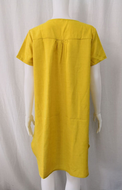 V-Neck Rolled Short Sleeve Gathered Curved Linen Dress Shello's Creative Boutique