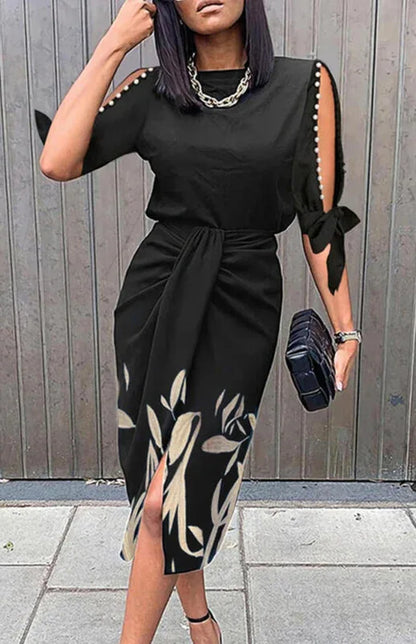 Round Neck Cut-Out Dress - Sexy Print Design with Lace-Up Pleats for Spring-Summer - Shello's Creative Boutique
