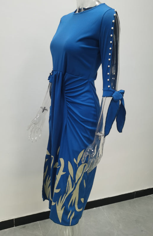 Round Neck Sexy Print Cutout Lace-up Pleated Dress Shello's Creative Boutique