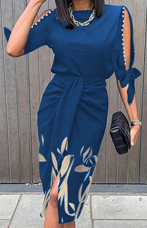 Round Neck Sexy Print Cutout Lace-up Pleated Dress Shello's Creative Boutique