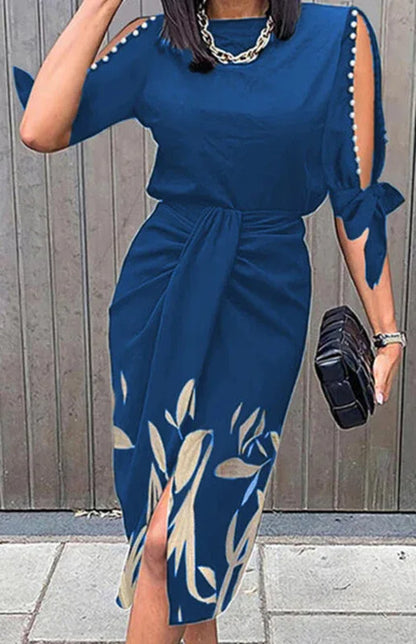 Round Neck Cut-Out Dress - Sexy Print Design with Lace-Up Pleats for Spring-Summer - Shello's Creative Boutique